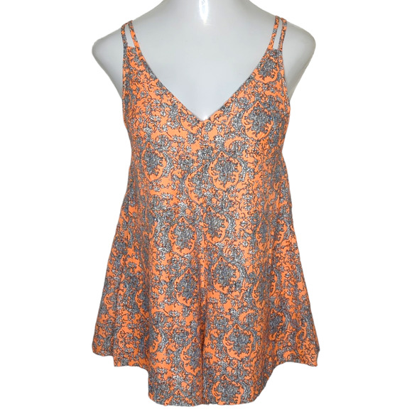 Korean Pants - Korean Fashion Neon Orange Floral Sleeveless Strappy Romper Medium